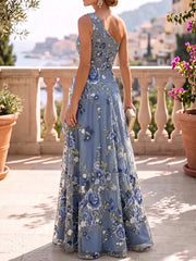 A Line Princess One Shoulder Sleeveless Floor Length Embroidered Ruffle Pleat Mother of the Bride Dress