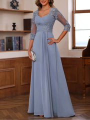 A Line Princess Sweetheart 3 4 Sleeve Floor Length Mother of the Bride Dress with Lace Ruffles Appliques