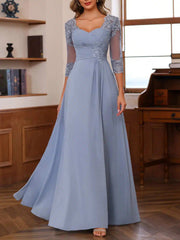 A Line Princess Sweetheart 3 4 Sleeve Floor Length Mother of the Bride Dress with Lace Ruffles Appliques