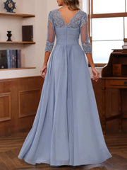 A Line Princess Sweetheart 3 4 Sleeve Floor Length Mother of the Bride Dress with Lace Ruffles Appliques