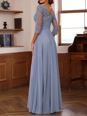 A Line Princess Sweetheart 3 4 Sleeve Floor Length Mother of the Bride Dress with Lace Ruffles Appliques