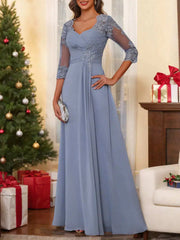 A Line Princess Sweetheart 3 4 Sleeve Floor Length Mother of the Bride Dress with Lace Ruffles Appliques