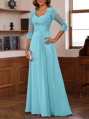 A Line Princess Sweetheart 3 4 Sleeve Floor Length Mother of the Bride Dress with Lace Ruffles Appliques