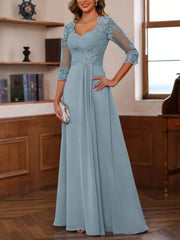A Line Princess Sweetheart 3 4 Sleeve Floor Length Mother of the Bride Dress with Lace Ruffles Appliques