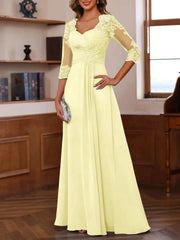 A Line Princess Sweetheart 3 4 Sleeve Floor Length Mother of the Bride Dress with Lace Ruffles Appliques