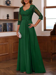 A Line Princess Sweetheart 3 4 Sleeve Floor Length Mother of the Bride Dress with Lace Ruffles Appliques