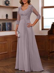 A Line Princess Sweetheart 3 4 Sleeve Floor Length Mother of the Bride Dress with Lace Ruffles Appliques