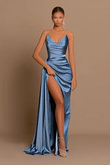 Elegant Blue Long Pleated Charmeuse Evening Dress With Slit
