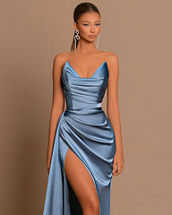 Elegant Blue Long Pleated Charmeuse Evening Dress With Slit