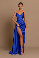 Elegant Blue Long Pleated Charmeuse Evening Dress With Slit