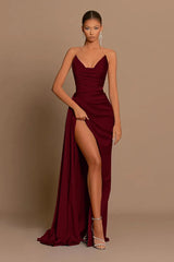 Elegant Blue Long Pleated Charmeuse Evening Dress With Slit