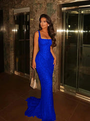 Square Neck Sleeveless Beaded Mermaid Prom Dress