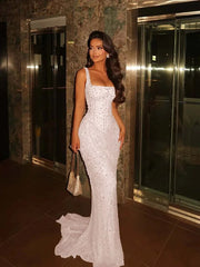Square Neck Sleeveless Beaded Mermaid Prom Dress
