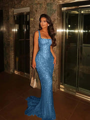 Square Neck Sleeveless Beaded Mermaid Prom Dress