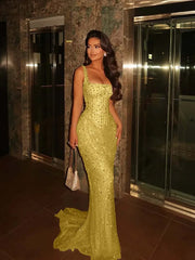 Square Neck Sleeveless Beaded Mermaid Prom Dress