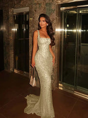 Square Neck Sleeveless Beaded Mermaid Prom Dress