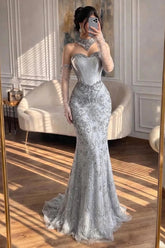 Luxury Beaded Evening Dress with Sheer Long Gloves