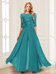 Chiffon Floor Length Half Sleeves Scoop Neck Mother of the Bride Pantsuit