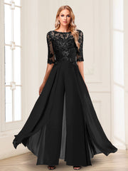 Chiffon Floor Length Half Sleeves Scoop Neck Mother of the Bride Pantsuit