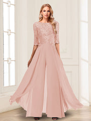 Chiffon Floor Length Half Sleeves Scoop Neck Mother of the Bride Pantsuit