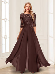 Chiffon Floor Length Half Sleeves Scoop Neck Mother of the Bride Pantsuit