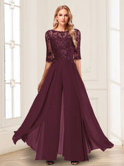 Chiffon Floor Length Half Sleeves Scoop Neck Mother of the Bride Pantsuit