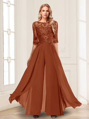 Chiffon Floor Length Half Sleeves Scoop Neck Mother of the Bride Pantsuit