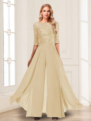 Chiffon Floor Length Half Sleeves Scoop Neck Mother of the Bride Pantsuit