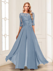 Chiffon Floor Length Half Sleeves Scoop Neck Mother of the Bride Pantsuit