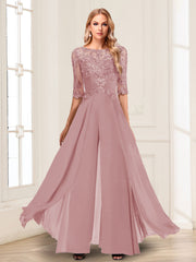 Chiffon Floor Length Half Sleeves Scoop Neck Mother of the Bride Pantsuit