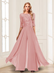 Chiffon Floor Length Half Sleeves Scoop Neck Mother of the Bride Pantsuit