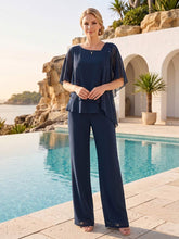 Chiffon V Neck Half Sleeve 2 Pieces Pantsuits with Rhinestone Details