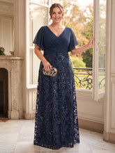 A Line Princess V Neck Short Sleeve Floor Length Plus Size Mother of the Bride Dress