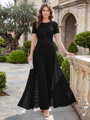 Mother of the Bride A-Line Scoop Short Sleeves Jumpsuit with Appliques