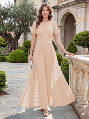 Mother of the Bride A-Line Scoop Short Sleeves Jumpsuit with Appliques