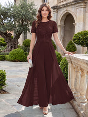 Mother of the Bride A-Line Scoop Short Sleeves Jumpsuit with Appliques
