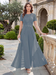 Mother of the Bride A-Line Scoop Short Sleeves Jumpsuit with Appliques