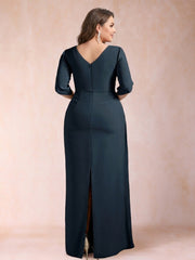 Mother of the Bride Sheath Column Scoop Half Sleeves Plus Size Dress with Ruched Details