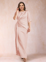 Mother of the Bride Sheath Column Scoop Half Sleeves Plus Size Dress with Ruched Details