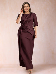 Mother of the Bride Sheath Column Scoop Half Sleeves Plus Size Dress with Ruched Details