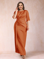 Mother of the Bride Sheath Column Scoop Half Sleeves Plus Size Dress with Ruched Details