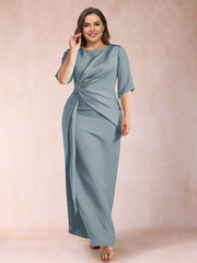 Mother of the Bride Sheath Column Scoop Half Sleeves Plus Size Dress with Ruched Details