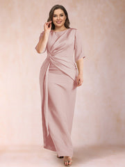 Mother of the Bride Sheath Column Scoop Half Sleeves Plus Size Dress with Ruched Details