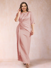 Mother of the Bride Sheath Column Scoop Half Sleeves Plus Size Dress with Ruched Details