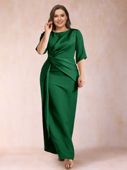 Mother of the Bride Sheath Column Scoop Half Sleeves Plus Size Dress with Ruched Details