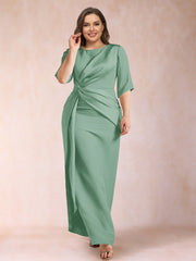 Mother of the Bride Sheath Column Scoop Half Sleeves Plus Size Dress with Ruched Details