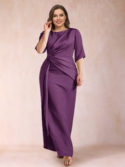 Mother of the Bride Sheath Column Scoop Half Sleeves Plus Size Dress with Ruched Details