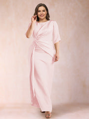 Mother of the Bride Sheath Column Scoop Half Sleeves Plus Size Dress with Ruched Details