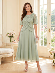 Mother of the Bride A Line Princess Scoop Half Sleeves Tea Length Dress with Lace and Ruffles
