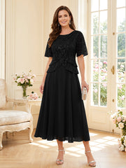 Mother of the Bride A Line Princess Scoop Half Sleeves Tea Length Dress with Lace and Ruffles